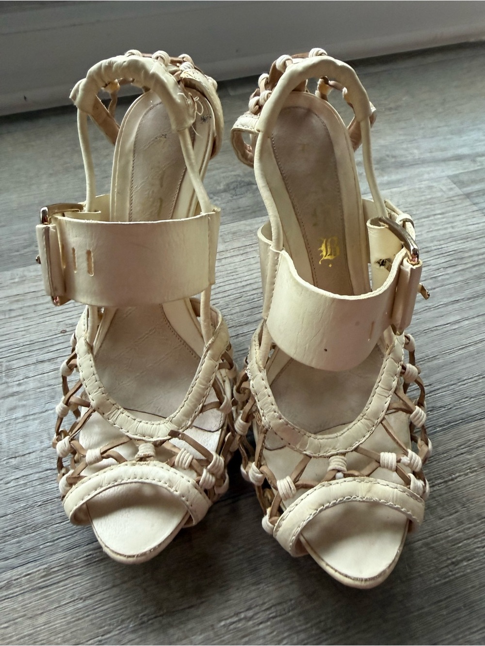 L.A.M.B. Cream Woven Strap Sandal Heels